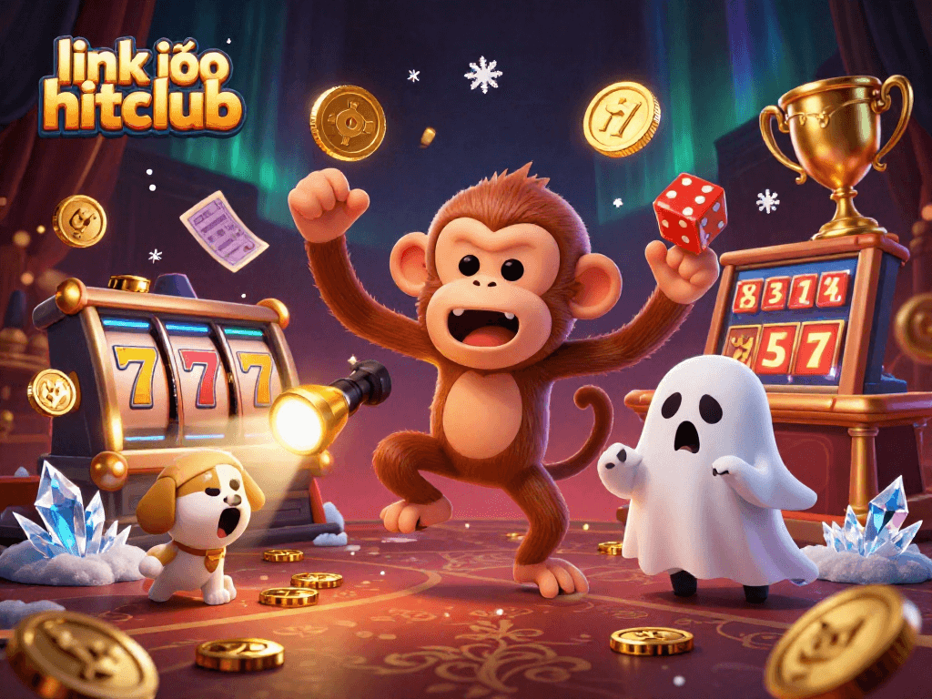 Experience excitement at link vào hitclub with a playful poltergeist monkey and a curious puppy exploring a vibrant haunted casino.