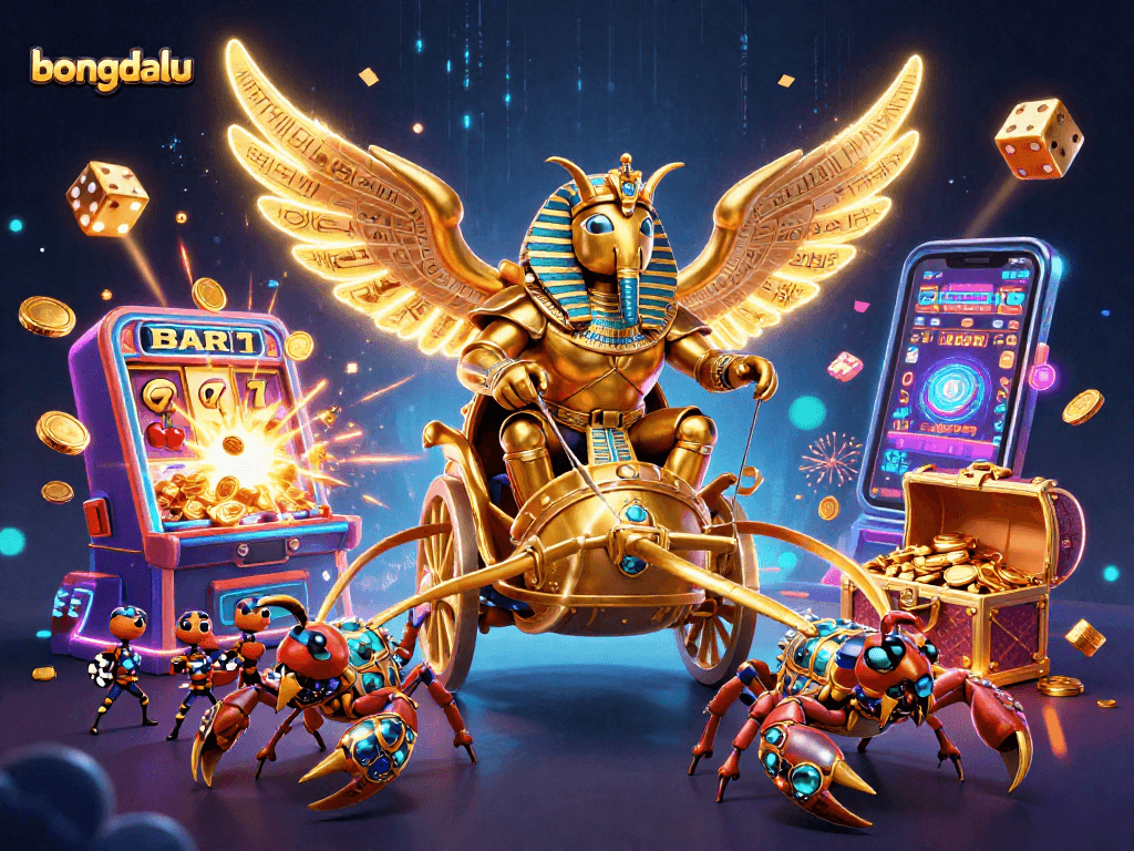 Bongdalu showcases an epic scene with a colossal golden beetle and dynamic casino elements, inviting excitement.