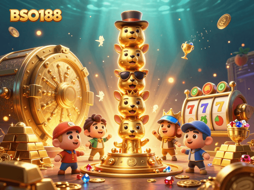 Experience the vibrant casino thrill with BSO188's dynamic golden totem and slot elements.