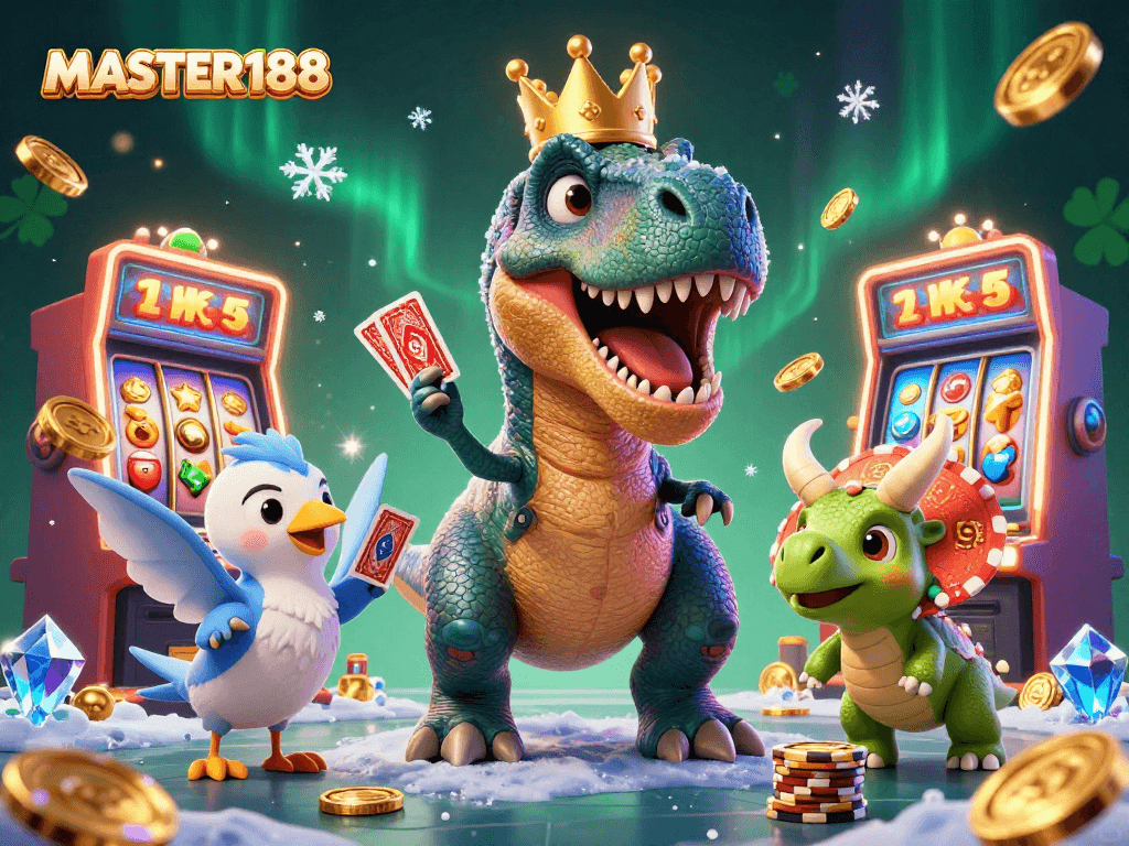 Experience thrill at MASTER188 with a colorful scene of a dinosaur-inspired casino.