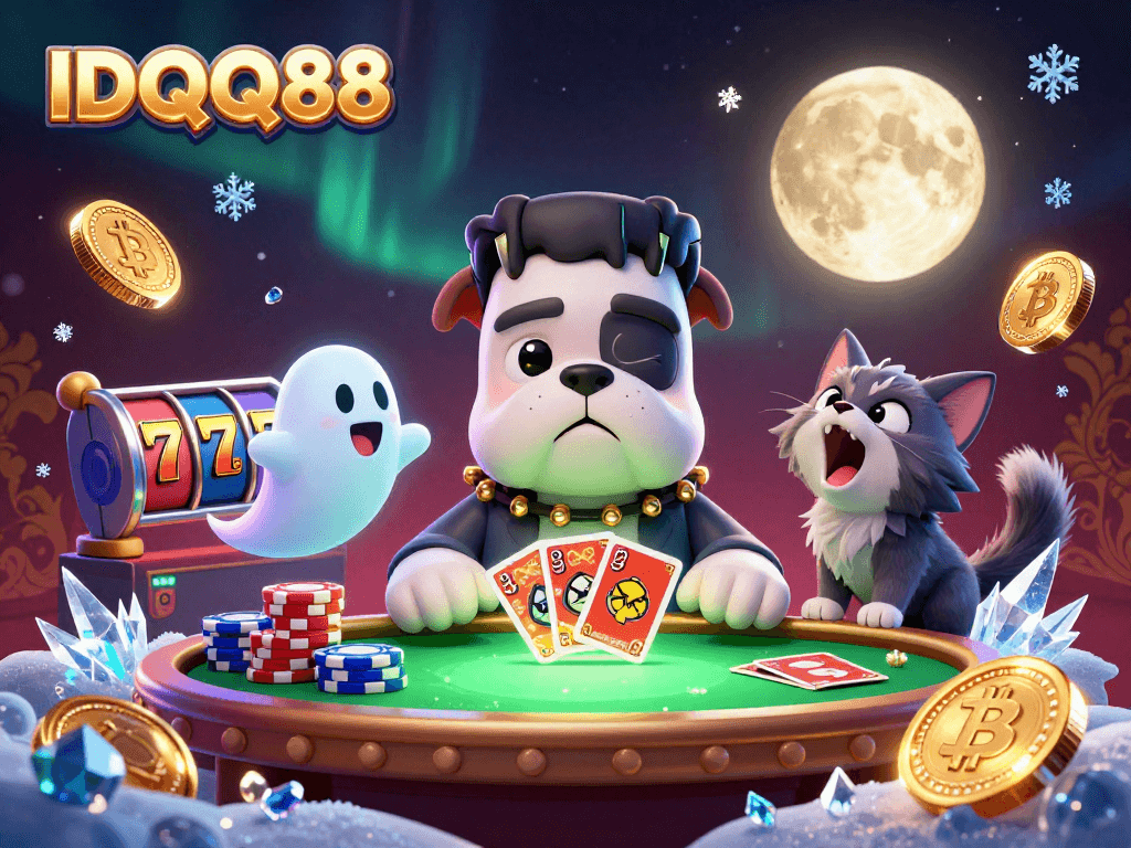 Experience thrilling gameplay at IDQQ88 with a vibrant casino scene featuring a 3D cartoon bulldog dealer.