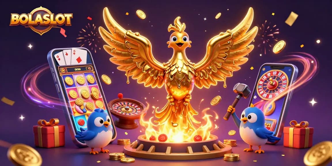 BOLASLOT gaming scene with a golden phoenix and lively slot game elements, celebrating casino excitement!