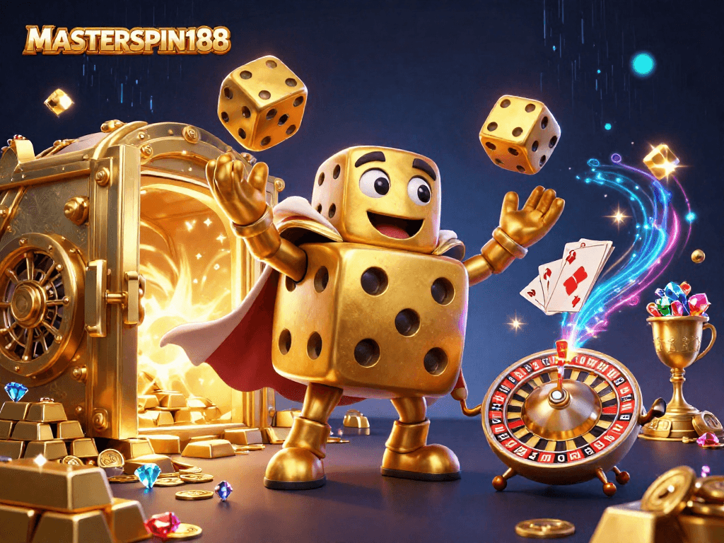 Experience the thrill of MASTERSPIN188 with golden dice, slot reels, and treasures in a dynamic casino illustration.