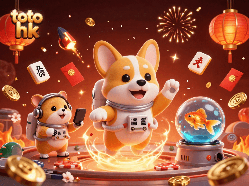 Menangkan toto hk dalam ilustrasi kasino luar angkasa yang kaya dan penuh warna dengan karakter unik.