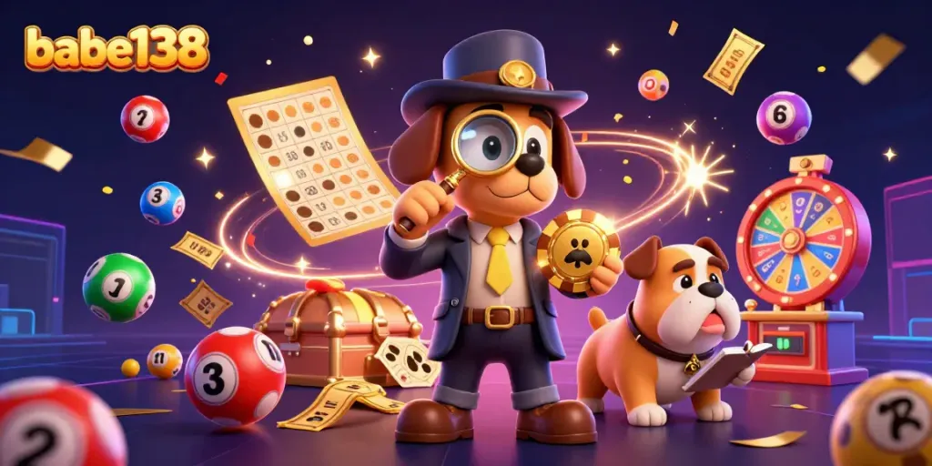 Gambarkan kegembiraan bermain slot di Babe138 dengan karakter detektif berperan dan elemen permainan yang penuh warna.