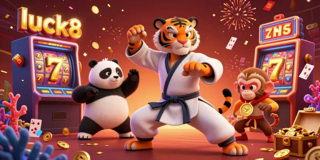 Win big with luck8 in this vibrant casino scene featuring animated characters and dynamic casino elements.