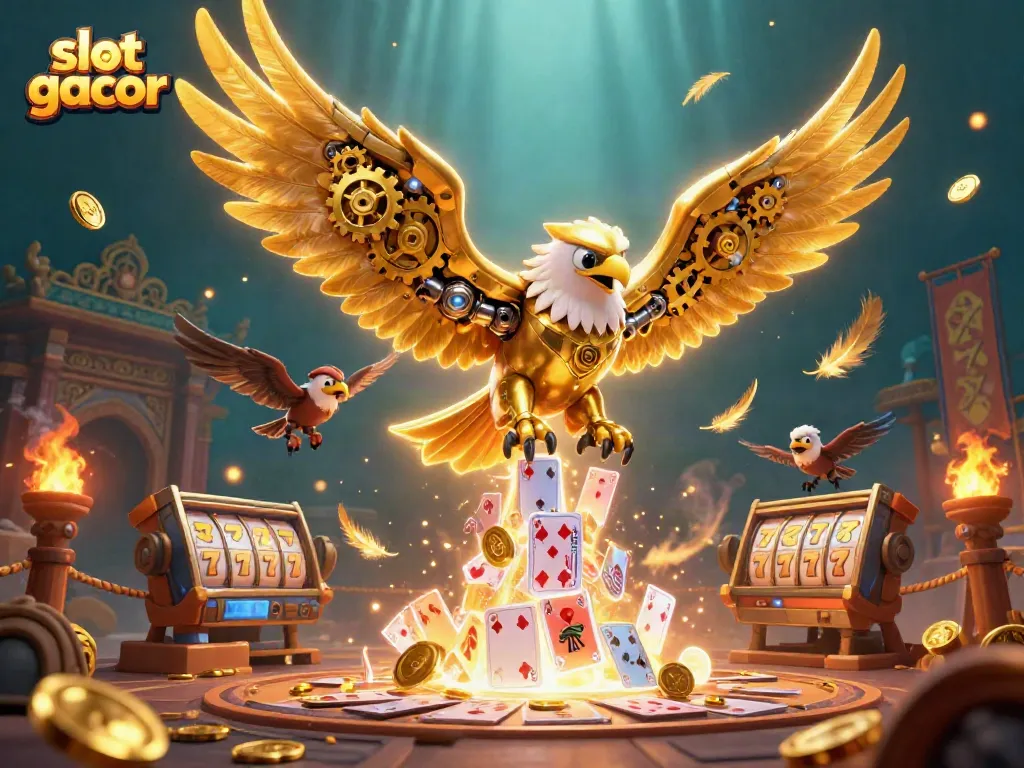 Menggambarkan slot gacor dengan elang cybernetic terbang melalui kartu bermain, simbol slot, dan koin emas, menciptakan suasana kasino yang megah.