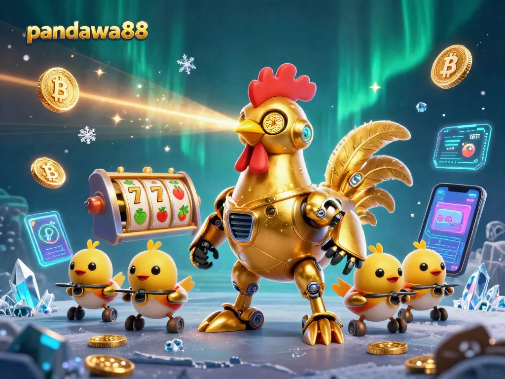 Menggunakan pandawa88, robot ayam emas retro-futuristik beraksi dalam permainan slot yang semburan koin digitalnya meriah.