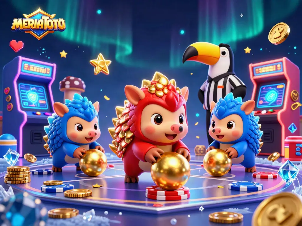 Meriahtoto menggabungkan pangolins bertopeng bertarung sambil menggelinding bola emas di atas chip poker.
