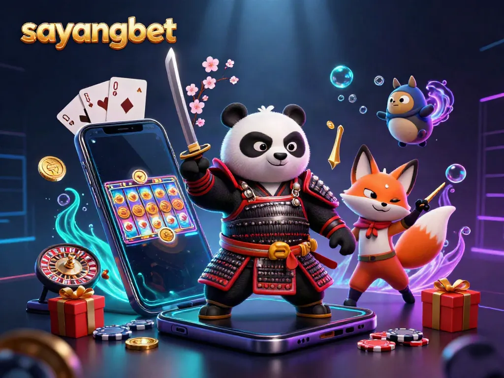 Engage in thrilling gaming with Sayangbet's vibrant 3D casino illustration featuring slot games and dynamic characters.