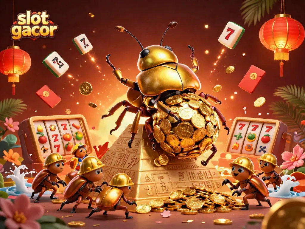 Menggulung koin emas di slot gacor dan simbol kasino, ilustrasi 3D berwarna penuh.