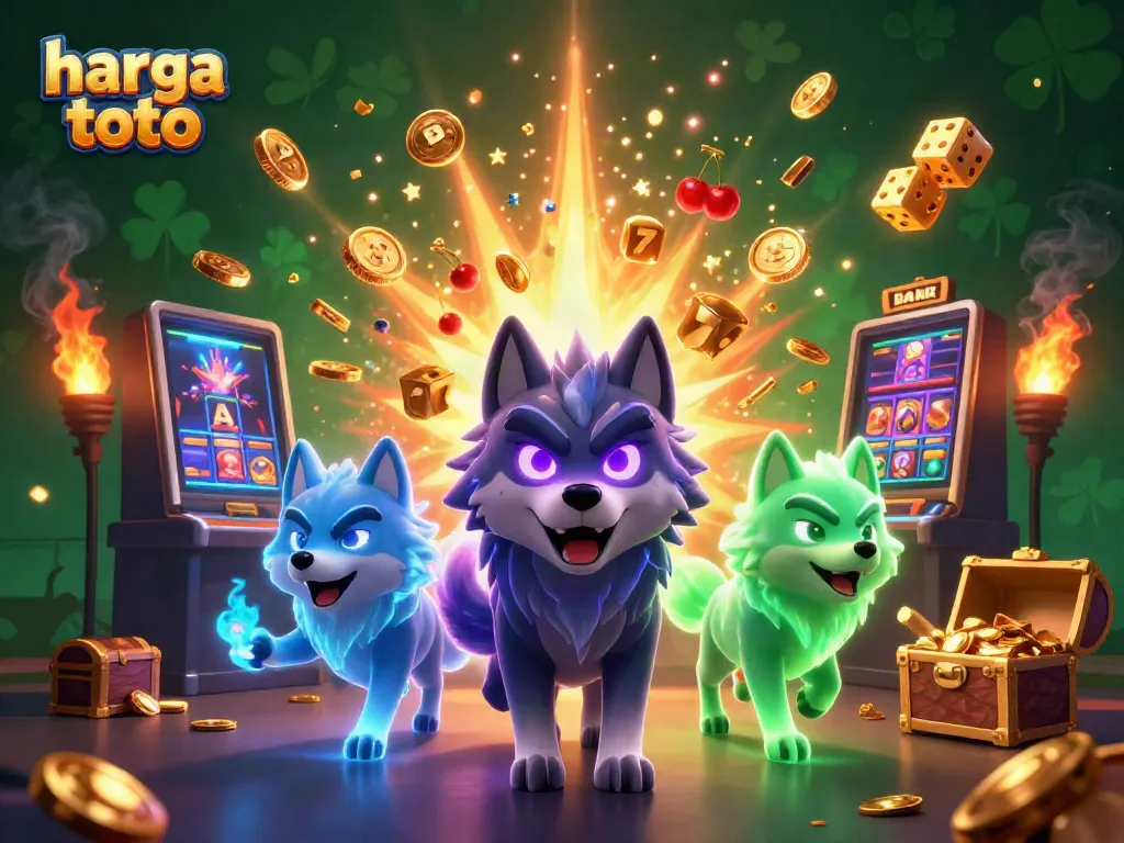 Ilustrasi 3D tentang harga toto dengan pemimpin serigala berukuran besar dan elemen kasino yang dinamis.