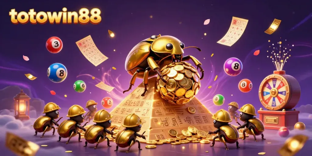 Totowin88 menyajikan ilustrasi aktivitas perjudian meriah dengan simbol lotere berwarna-warni dan kemenangan yang menggembirakan.