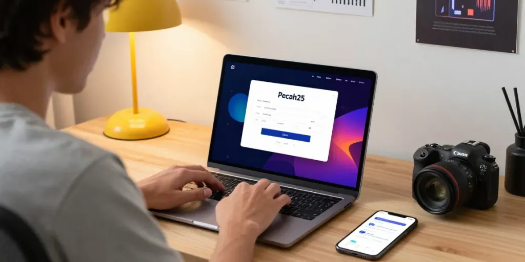 Proses login di platform pecah25 dengan fokus pada pengguna yang memasukkan kata sandi di laptop modern dan interaksi digital.