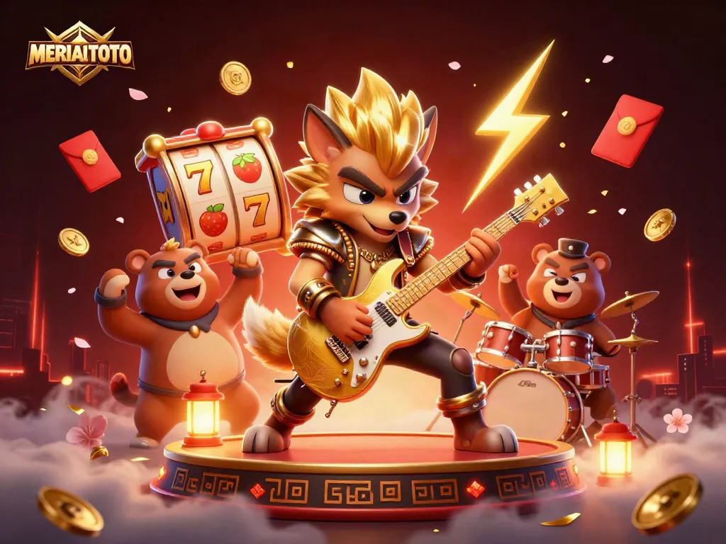 MERIAHTOTO menampilkan aksi gembira dari wolf rocker dan bear drummer di panggung kasino.