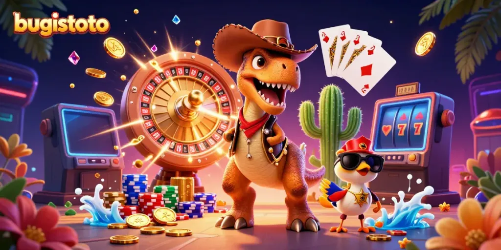 Join the thrilling adventure at bugistoto with a dynamic 3D illustration showcasing a T-Rex cowboy, coins, and casino elements.