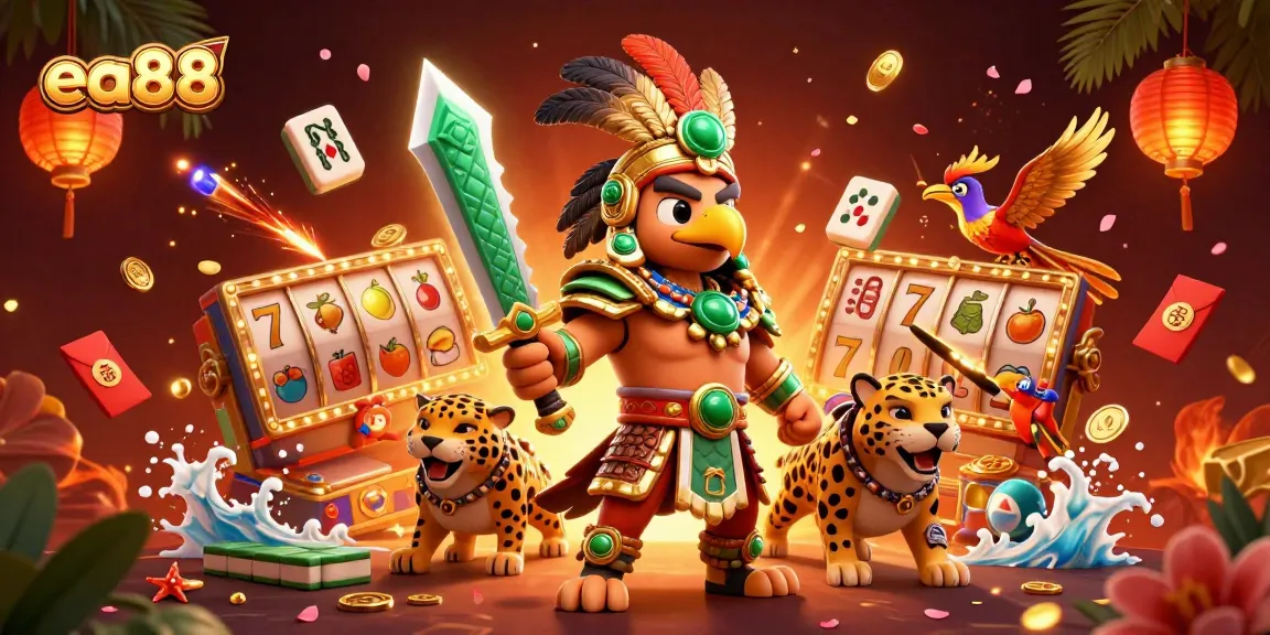 Experience thrilling casino action with ea88 featuring dynamic slot reels, vibrant Aztec warriors, and golden elements.