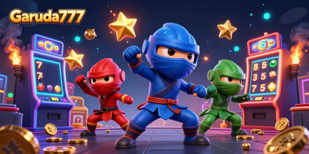 Gambar Garuda777 memperlihatkan tim ninja chameleon beraksi di kasino online dengan mesin slot berwarna-warni.