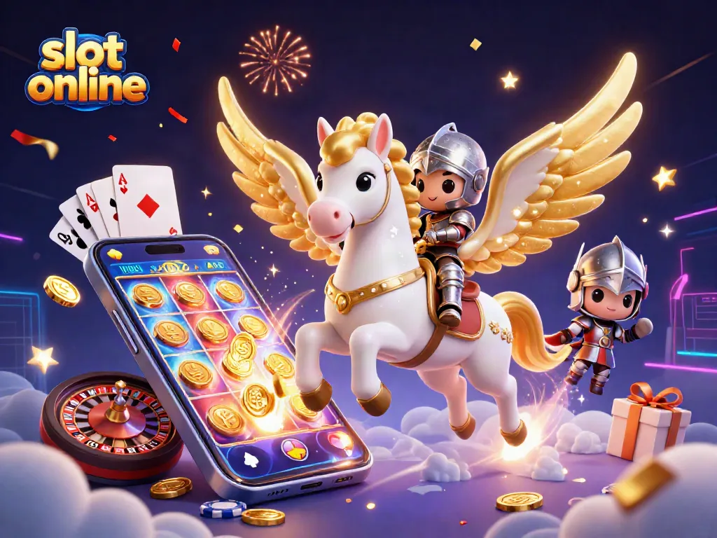 Putar slot online dengan ponsel, koin emas berhamburan dan kuda bersayap berlari di awan.