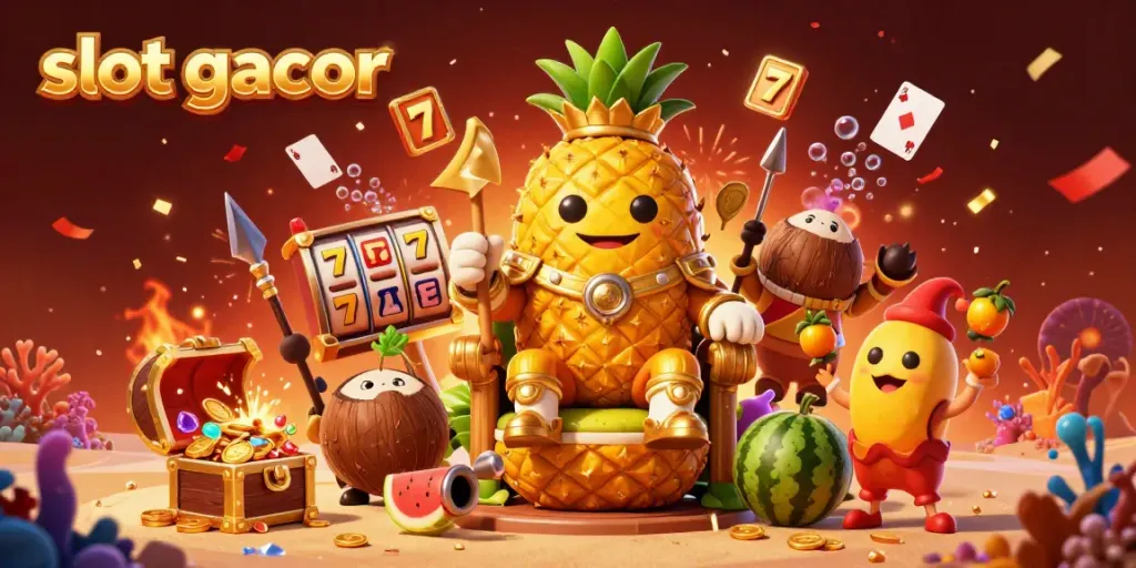 Experience the vibrant thrill of slot gacor with the golden pineapple king and joyful characters in a 3D beach casino.