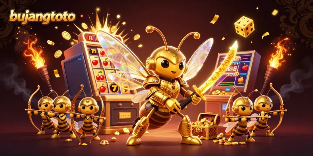 Bujangtoto showcases a vibrant slot machine jackpot burst amidst a golden hornet samurai and bee archers.