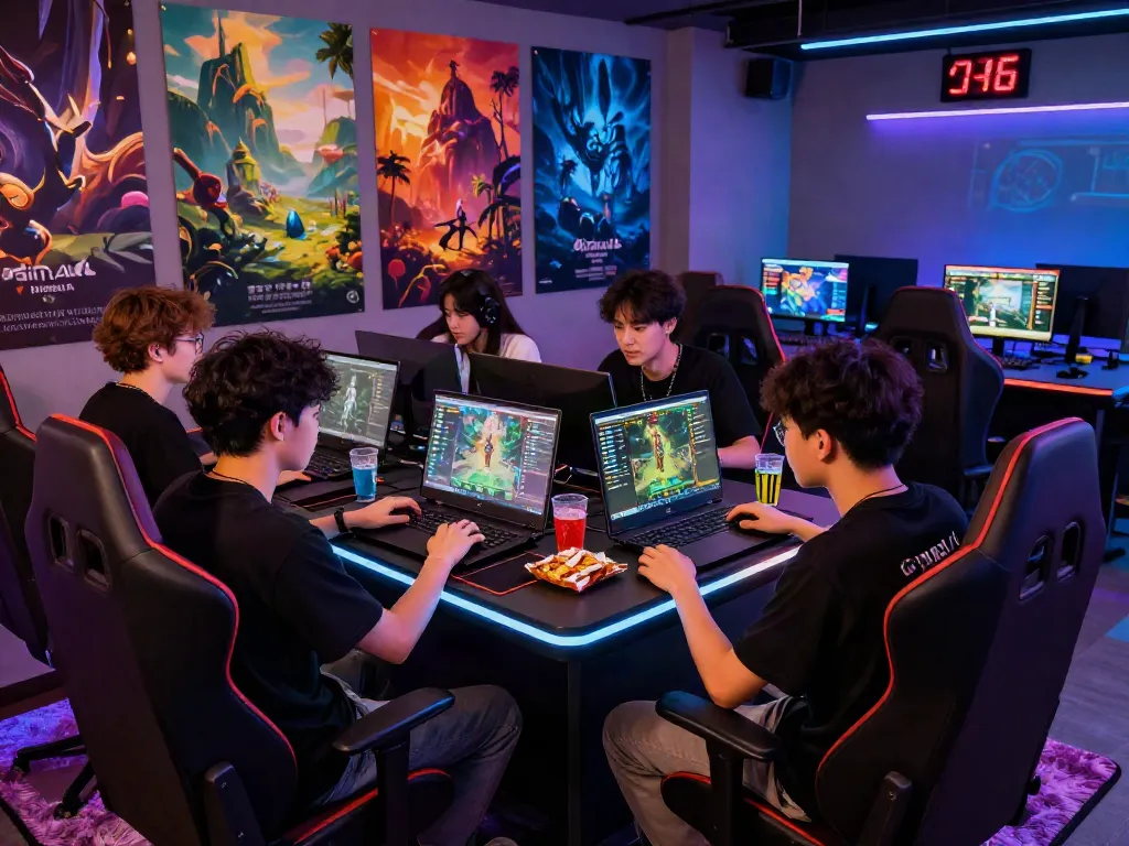 Pengalaman bermain diana4d dengan kelompok, laptop dan snack di meja gaming stylish.