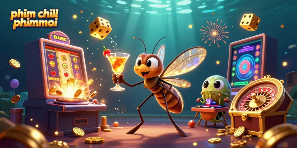 This vibrant scene showcases phim chill phimmoi themes with casino elements, including a mascot and roulette wheel.