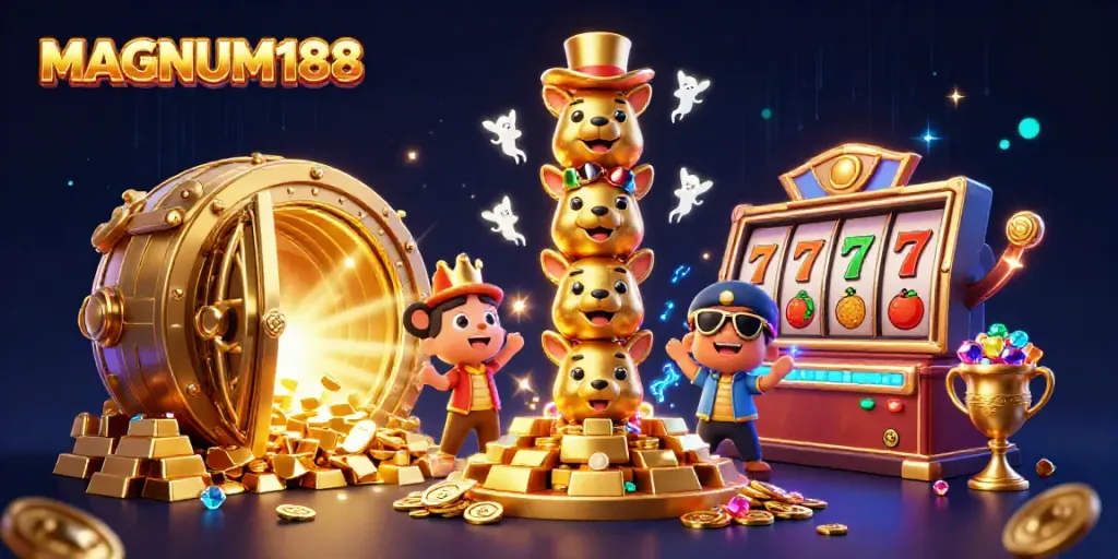 Experience MAGNUM188's excitement with vibrant slot themes and dazzling treasures in a dynamic casino illustration.