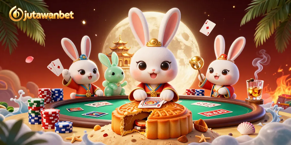 Play poker as the moon rabbit reveals chips in a vibrant 3D scene for jutawanbet.