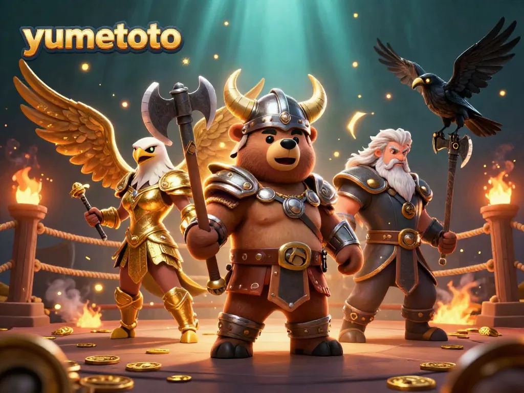 Experience the thrilling action of yumetoto with a Viking bear and Valkyrie eagle amidst vibrant casino elements.