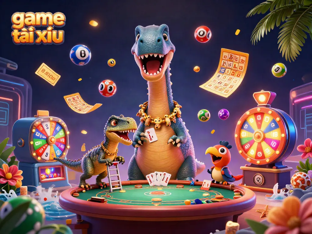 Experience the thrill of the game tài xỉu with dynamic casino action in this colorful 3D illustration.