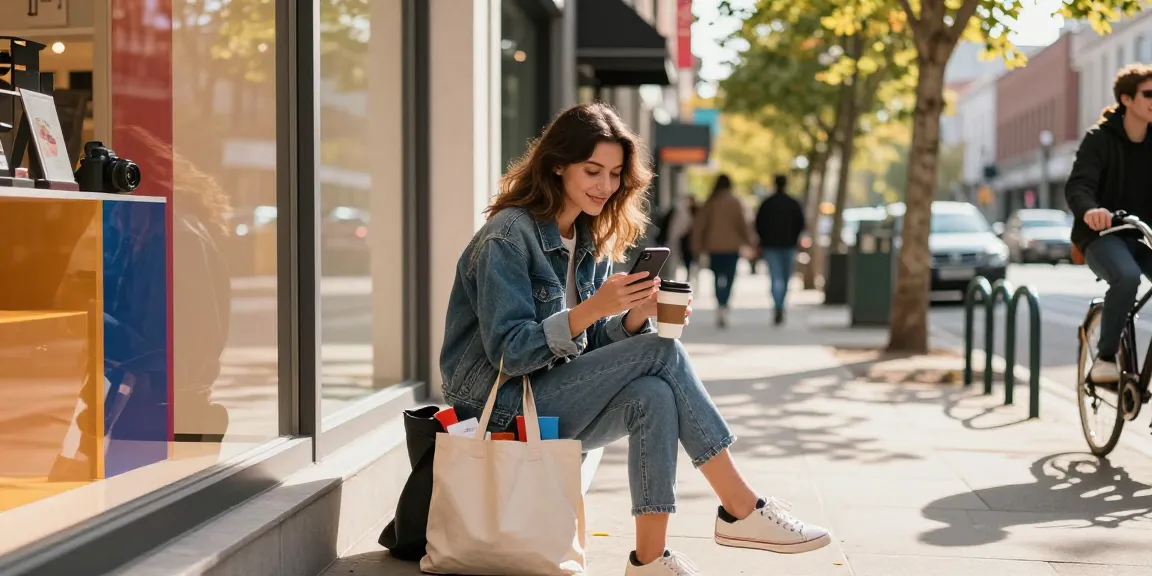 Young woman using a bro138 link for online shopping in a vibrant urban setting.