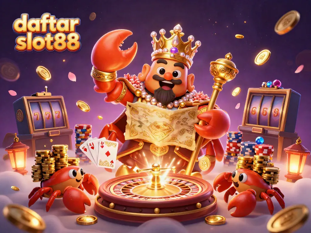 Experience the excitement of daftar slot88 with a dynamic scene featuring a golden crab emperor amidst cascading coins and vibrant poker chips.