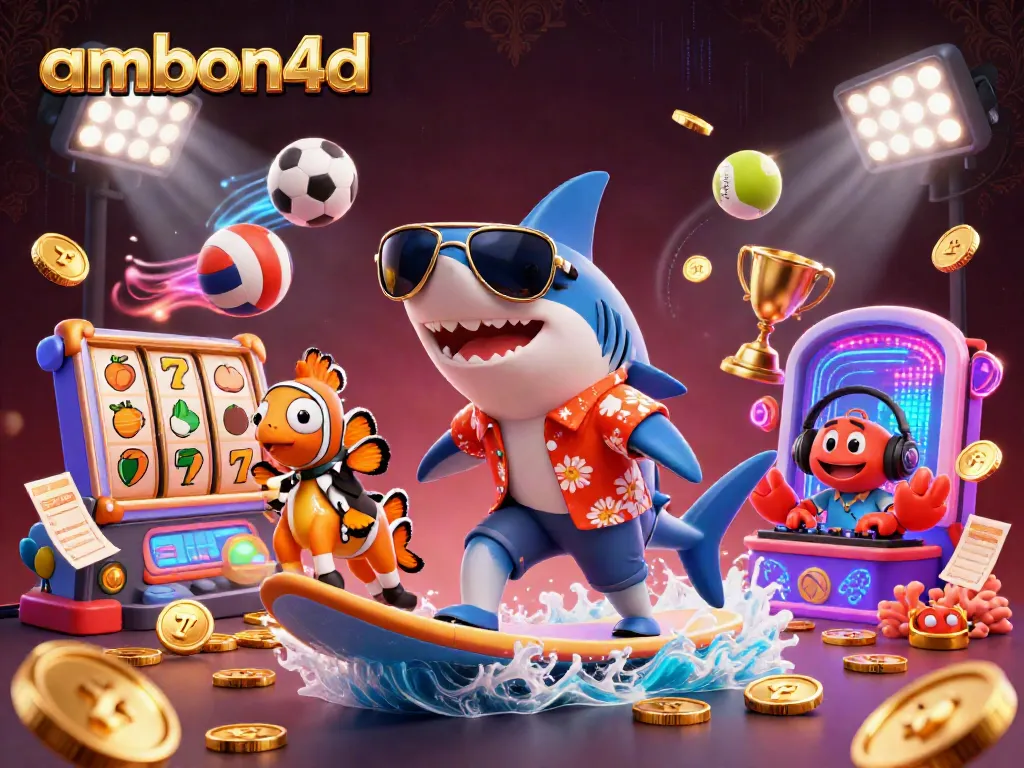Experience thrilling gaming with ambon4d, featuring a dynamic 3D scene of a shark surfing on coins amidst exciting casino elements.
