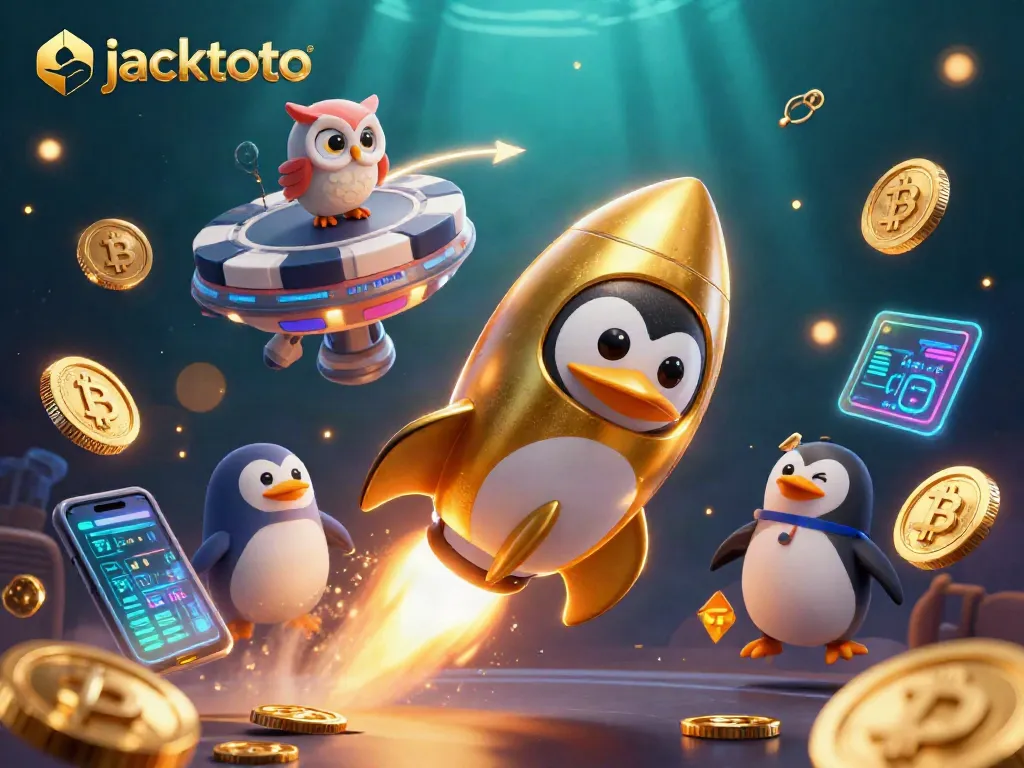 Engage with jacktoto's thrilling casino adventure featuring a golden penguin racing to a poker chip space station.