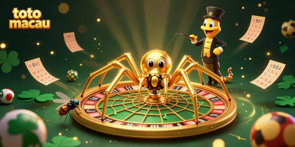 Menempatkan taruhan dalam Toto Macau, ilustrasi 3D dengan karakter menarik di latar yang kaya.