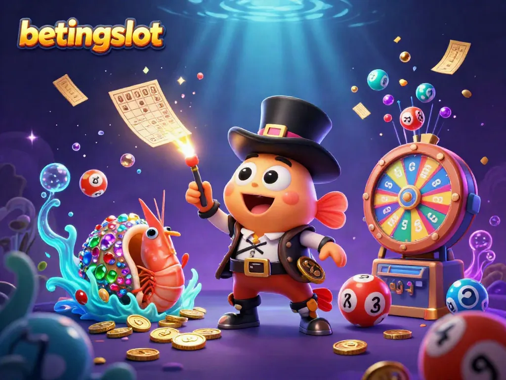 Ilustrasi 3D betingslot dengan ikonik ikan pemancing, udang bajak laut, dan siput laut berkilau.