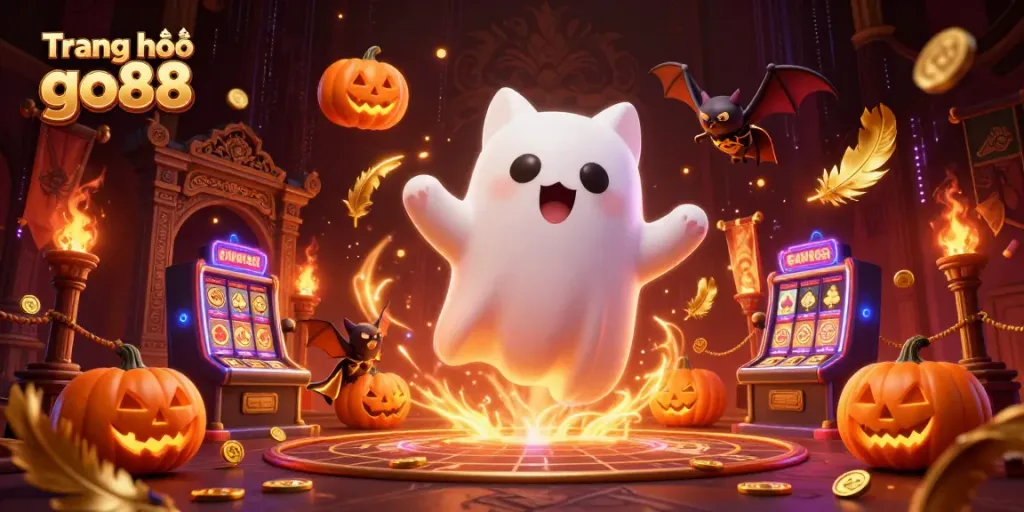 Experience the excitement of Trang chủ go88 with a vibrant ghost cat and bat in a haunted casino.