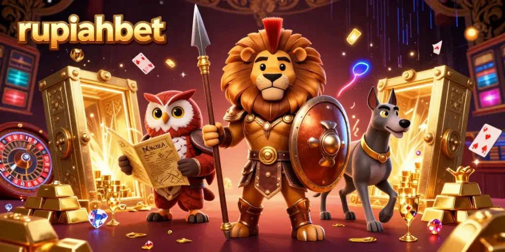 Engage in thrilling gameplay with rupiahbet's vibrant online casino represented through iconic characters and elements.