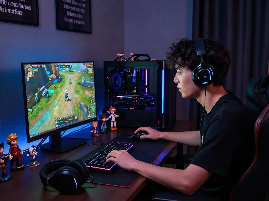 Youth engaged in Unsurtoto online gaming with dynamic setup and vibrant lights.