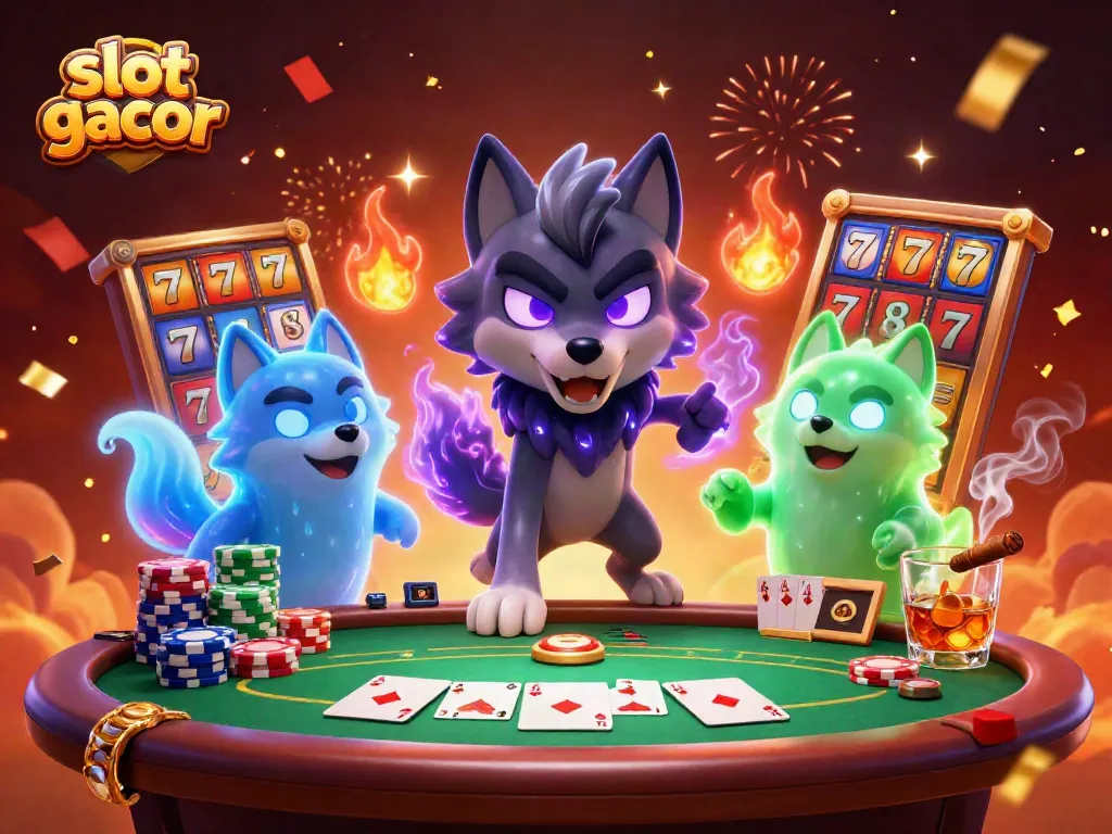 Deskripsi visual slot gacor dengan karakter serigala dan elemen permainan kasino yang megah.