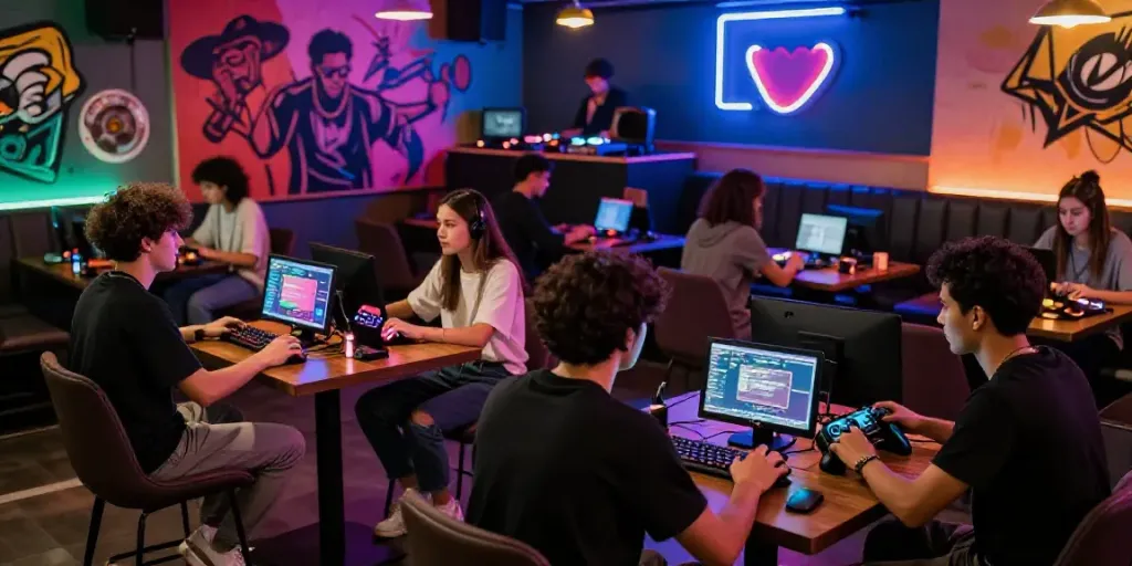 Vibrant scene at https://jakartabeat.net with diverse young people enjoying music and gaming culture.