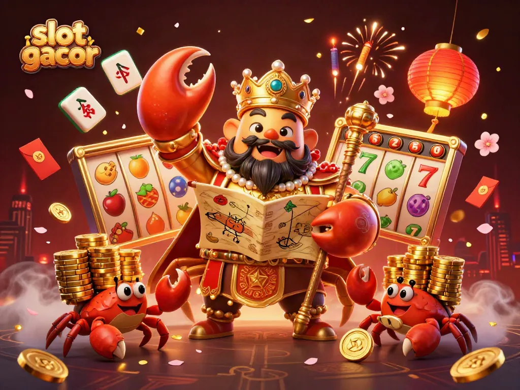 Play slot gacor and enjoy the vibrant atmosphere created by a golden crab emperor amidst a treasure-themed scene.