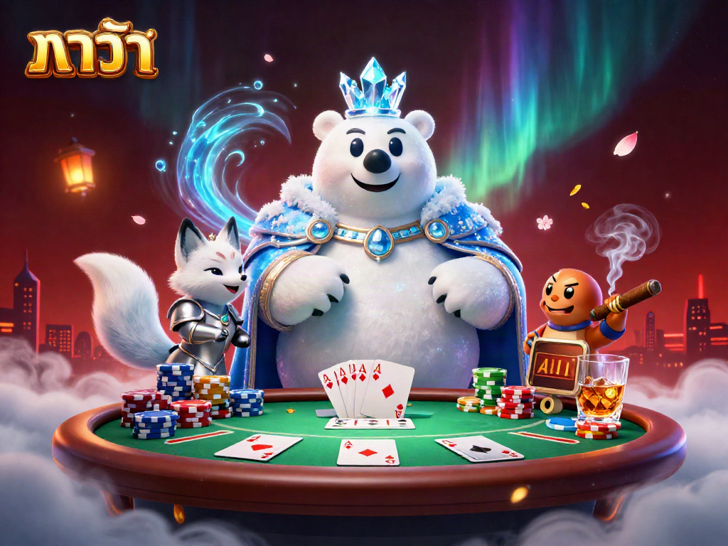 Engage with บาคาร่า through a dynamic casino scene featuring a frosty bear, a fox, and poker elements.