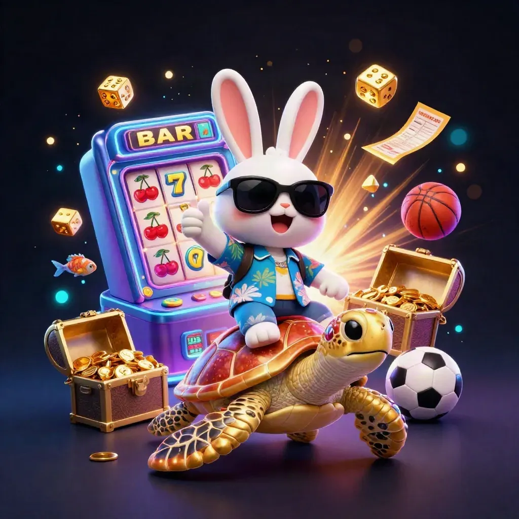 Kelinci kartun di kura-kura emas dikelilingi slot, koin, dan efek neon.