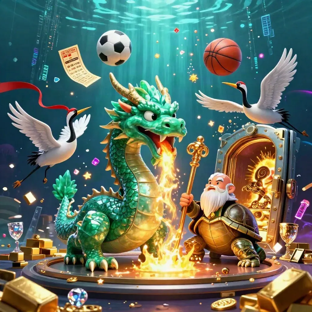 Naga jade, kura-kura bijak, bangau, emas, bola, dan cahaya kasino meledak dramatis.