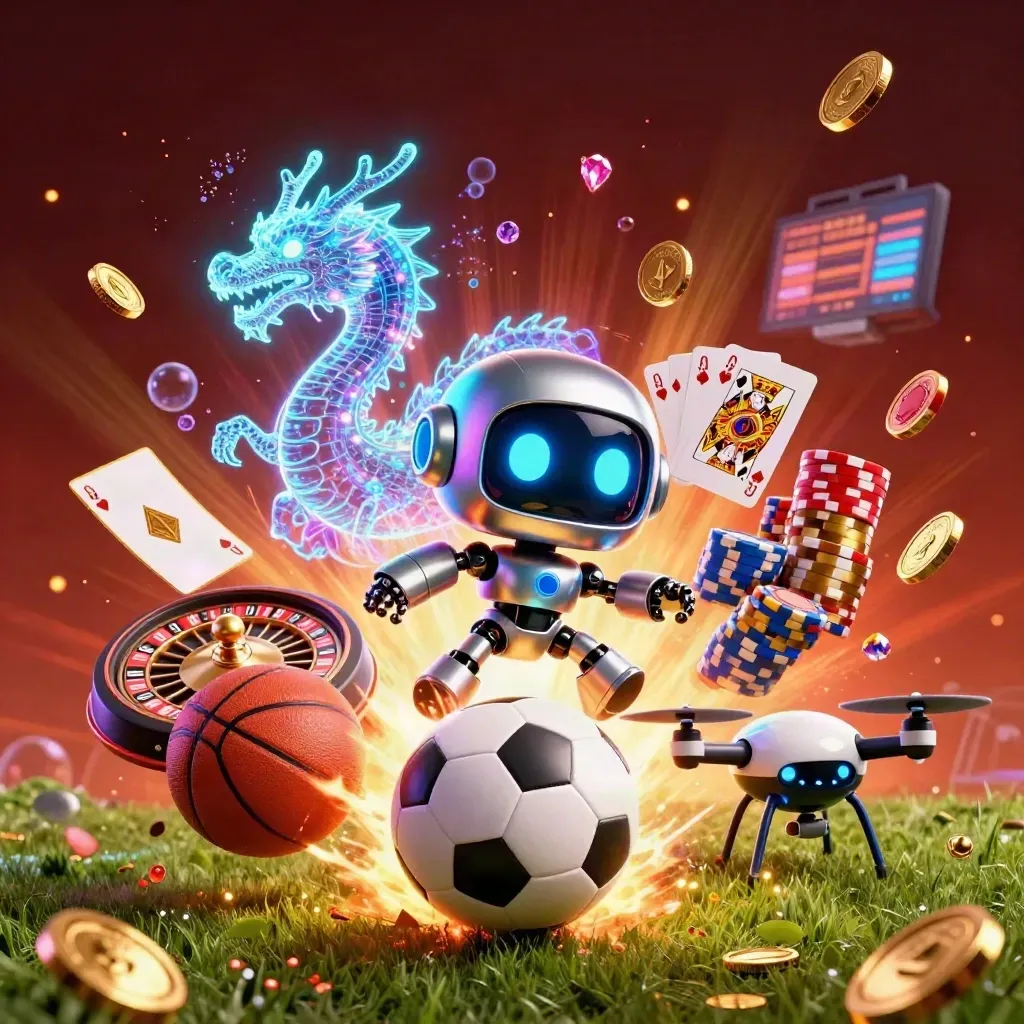 Robot cyberpunk, naga hologram, dan drone mengelilingi bola sepak emas di arena kasino neon.