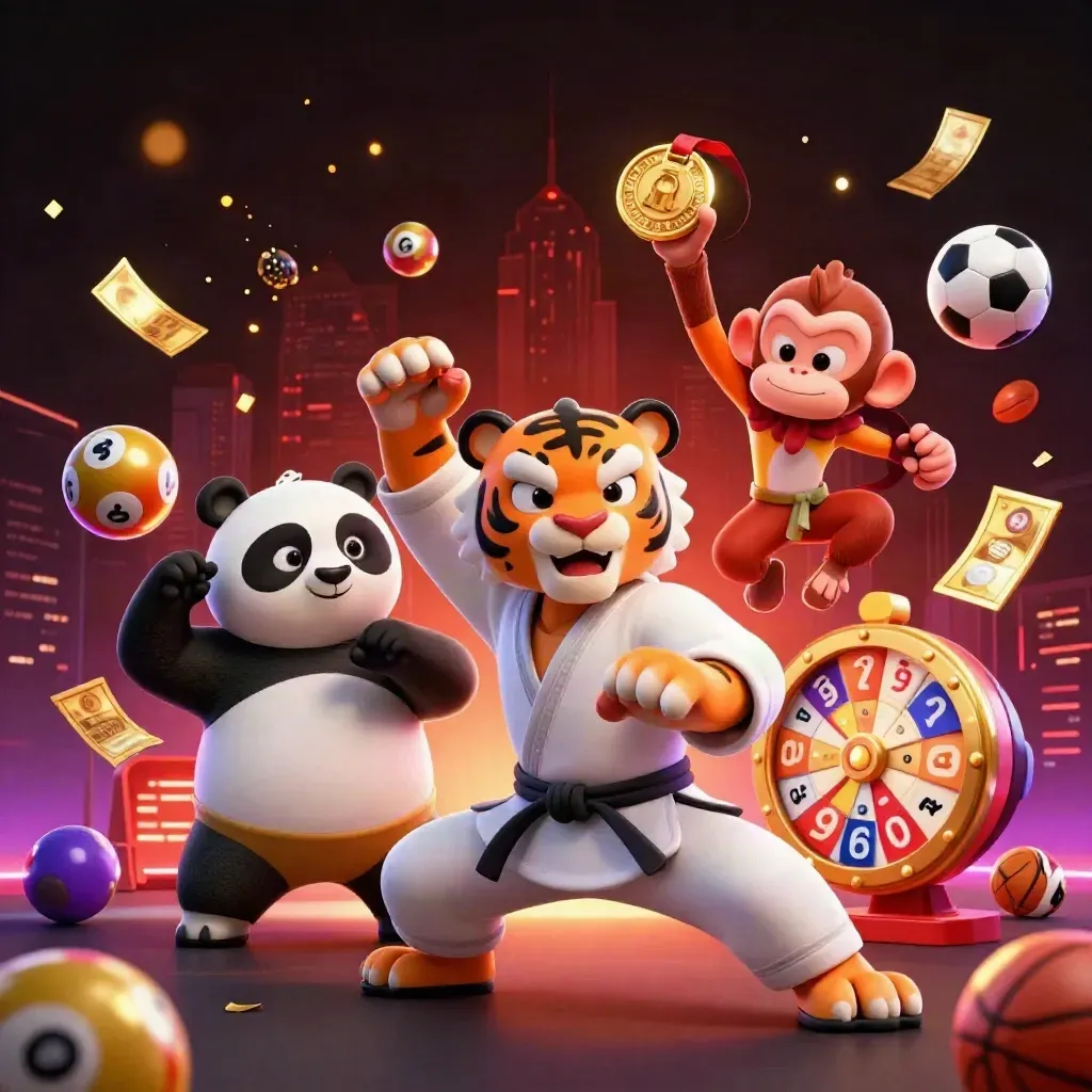 Harimau kung-fu, panda, dan monyet di ledakan bonus kasino dengan bola dan cahaya emas.