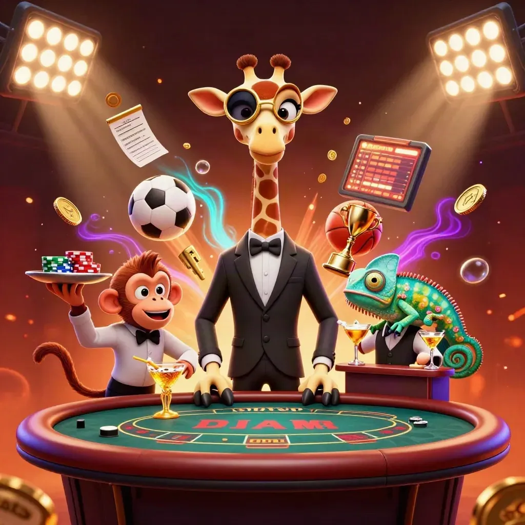 Giraffe, monyet, dan bunglon di meja poker dengan bola olahraga dan kilau kasino emas.