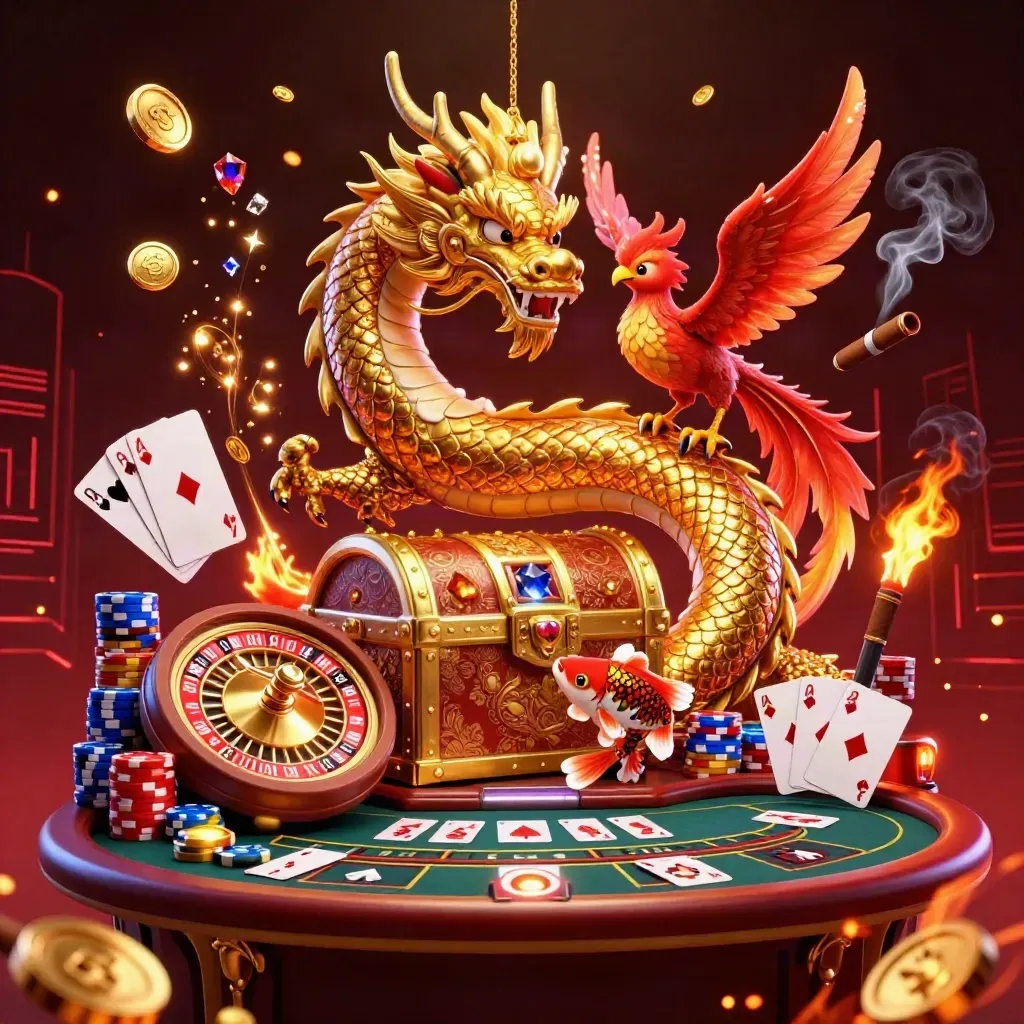 Naga emas, phoenix merah, dan ikan koi di meja kasino mewah dengan koin dan permata bercahaya.